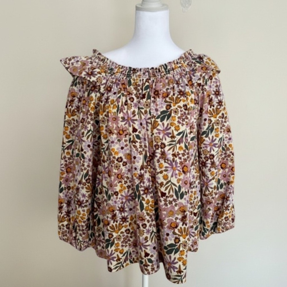 Sonoma Goods For Life Womens XL Floral Smocked Neck Ruffle Peasant Blouse Top